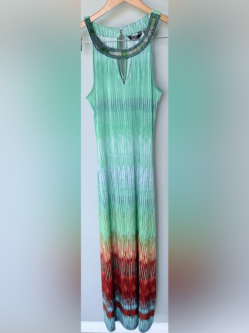 Mlle Gabrielle Striped Sleeveless Halter Maxi Dress S Embellished Collar